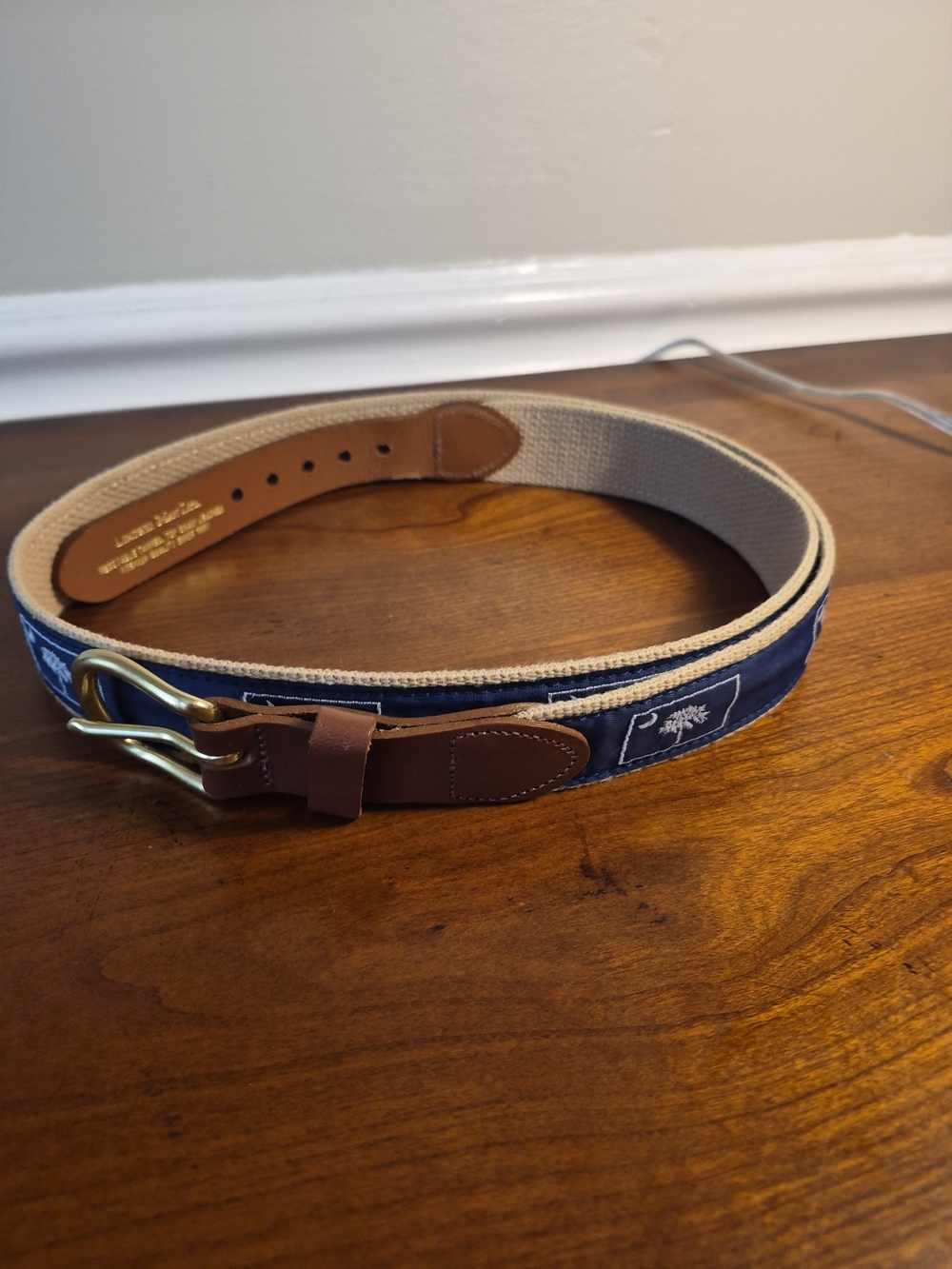 Navy Embroidered South Carolina Flag Emblem Canvas Belt with Brown Leather 42